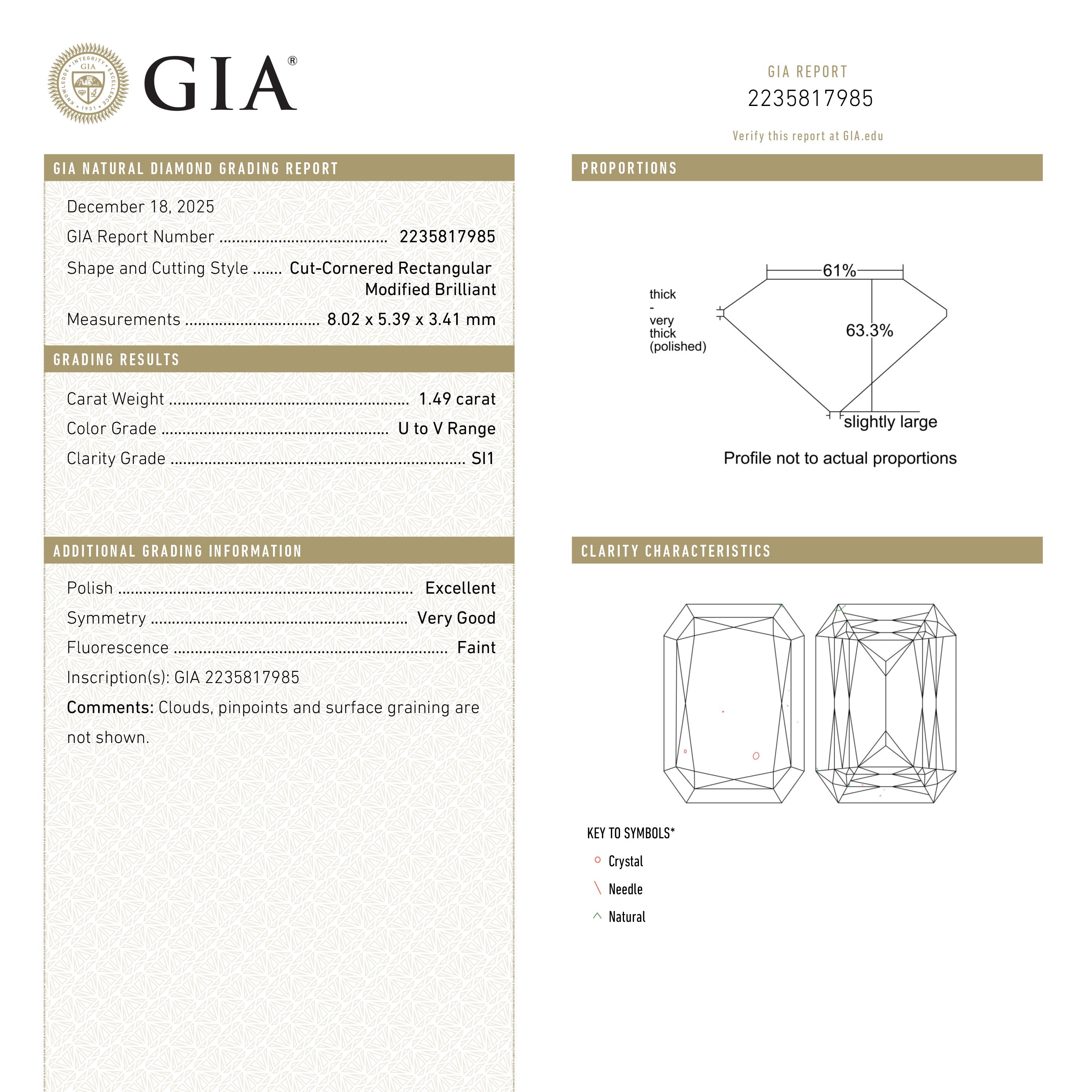 1.49ct 8.02x5.39x3.41mm GIA SI1 U-V Cut Corner Rectangle Brilliant 27392-01 - Foe & Dear