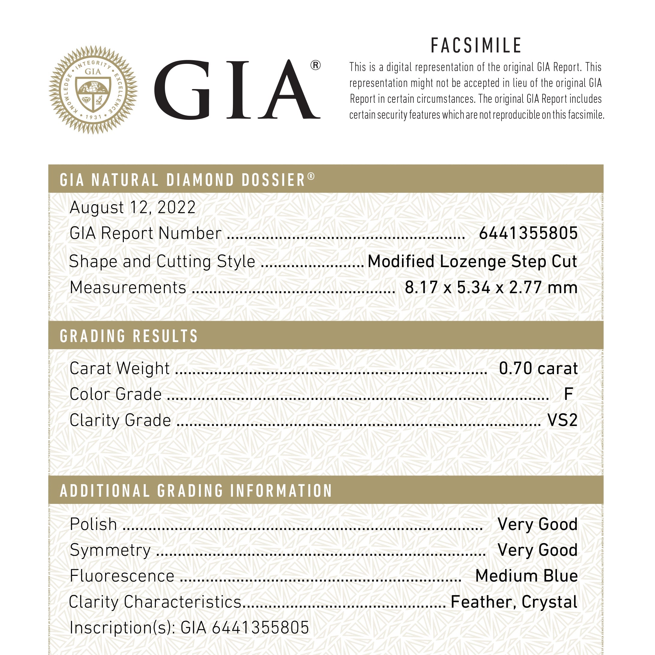 0.70ct 8.17x5.34x2.77mm GIA VS2 F Lozenge Step Cut 26746-02 - Foe & Dear