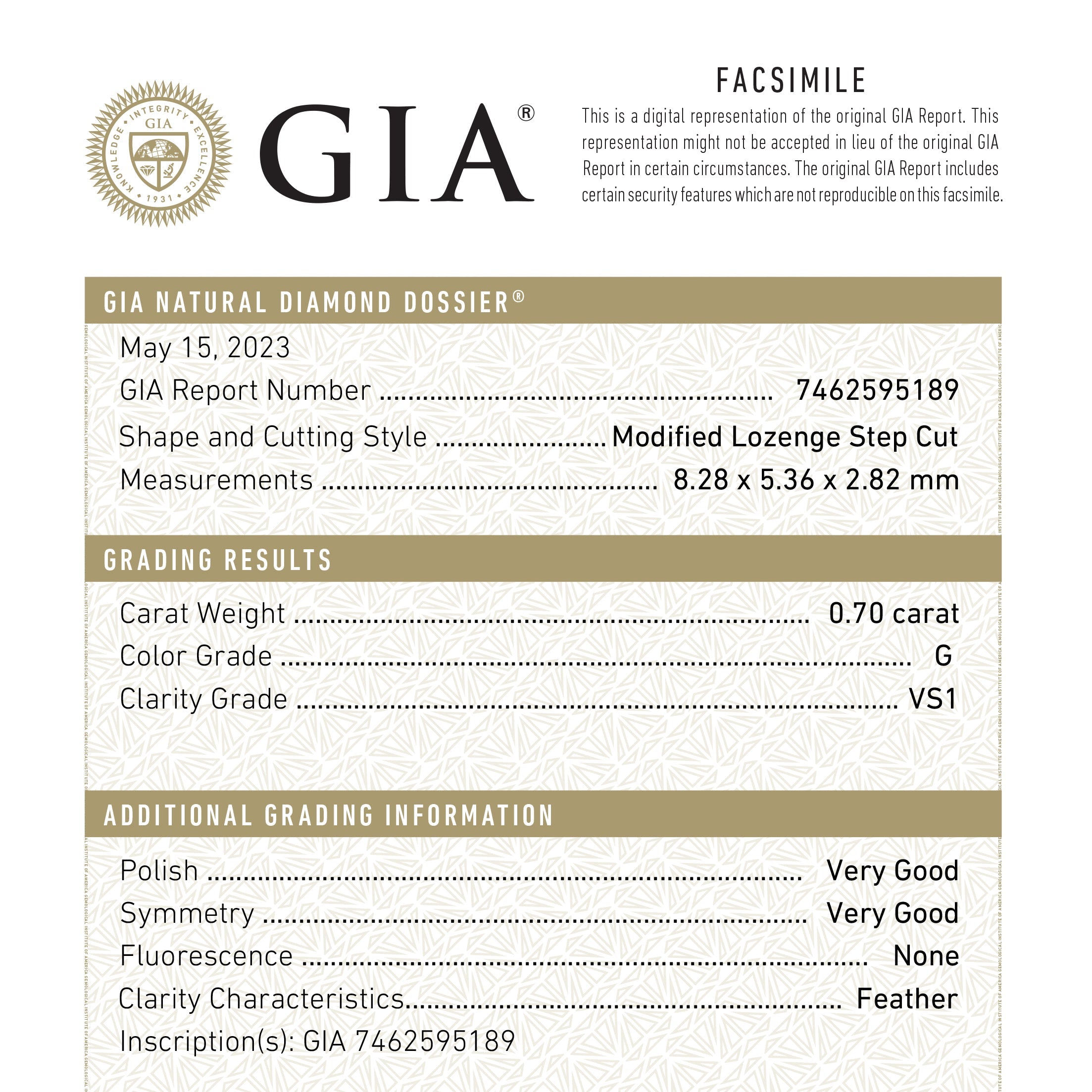0.70ct 8.28x5.36x2.82mm GIA VS1 G Lozenge Step Cut 26746-01 - Foe & Dear